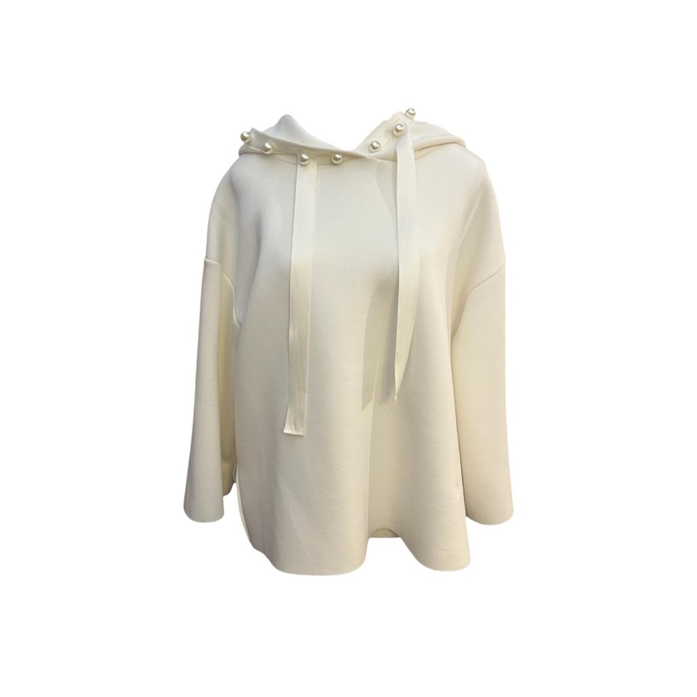 Chic Cream Women's Hoodie with Pearl Details